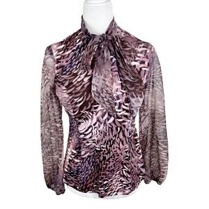 Vintage Hal Ferman Blouse Women 12 Purple Graphic Print Long Sleeve 70s Union